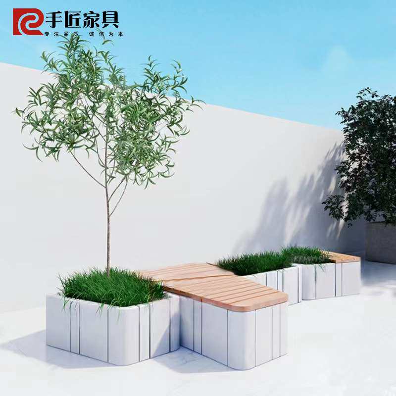 户外玻璃钢拼接防腐木休闲花盆座椅商场广场学校小区景观组合坐凳
