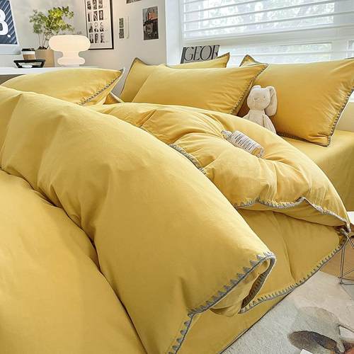 新款轻奢风简约纯棉四件套纯色贝壳边全棉被套床单床笠宿舍三件套