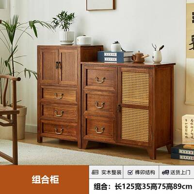 r^新中式客餐边柜实木斗藤S980编厅柜边纳柜茶柜茶水柜卧室床头收