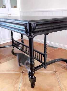 美式实木雕花黑骑士餐桌家用餐厅设计长方形做旧原木书桌乡村桌子