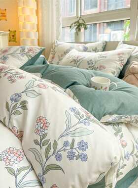 全棉纯棉床上四件套印花田园四件套纯棉被罩套件纯棉加厚被套