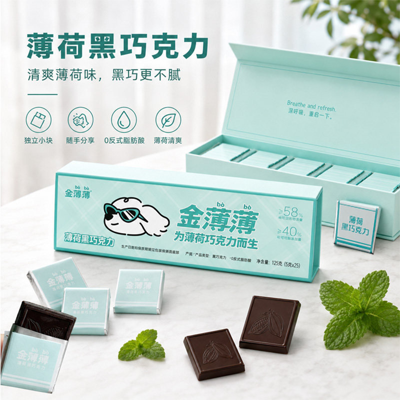 【金薄薄】薄荷黑巧克力58%纯可可脂独立小块0反式脂肪酸盒装125g