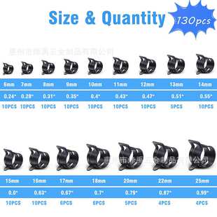跨境 130PCS盒装65锰钢黑色弹簧卡箍弹性喉箍汽车水油管夹卡扣