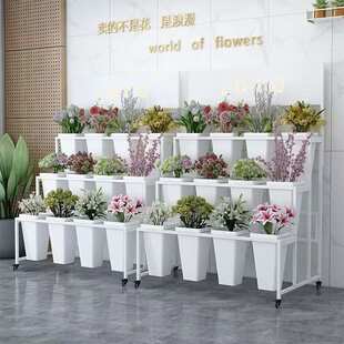 花店鲜花展示架多层阶梯式可移动花架铁艺架带轮多功能花桶展示架