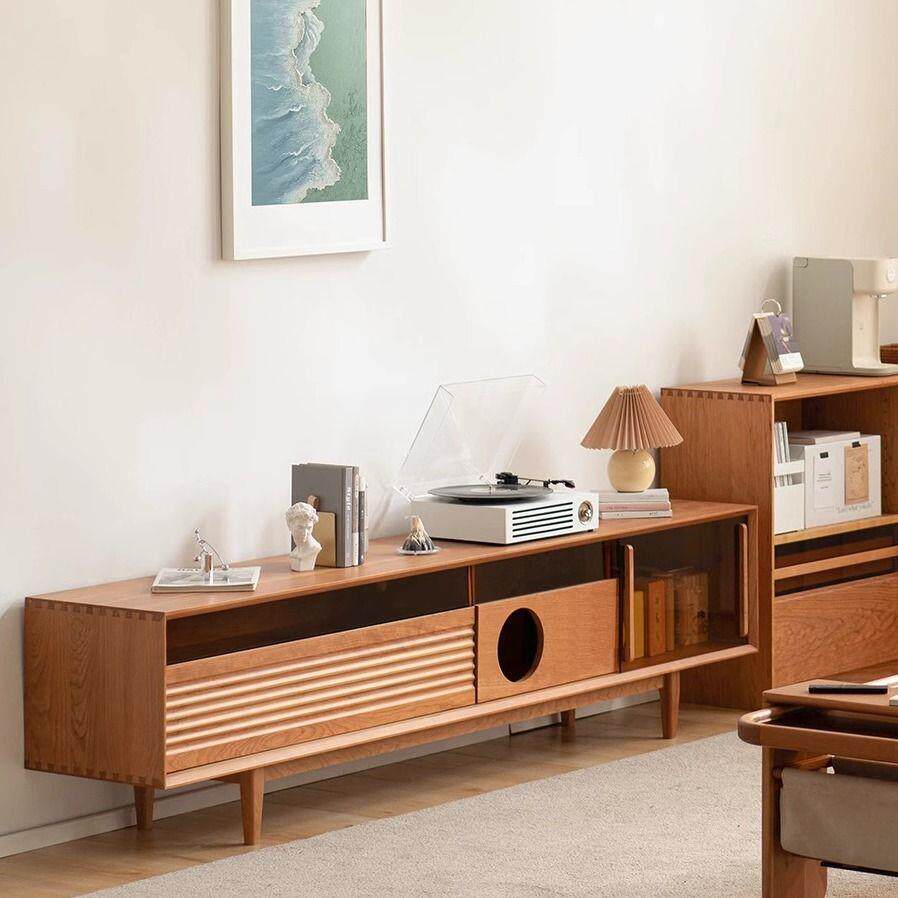 同鑫电视柜樱桃木日式实木猫舍猫窝人猫共居北欧简单落地玻璃门