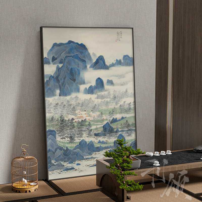 新中式蓝色山水风景国画卧室书房茶室古典客厅装饰画玄关壁画挂画