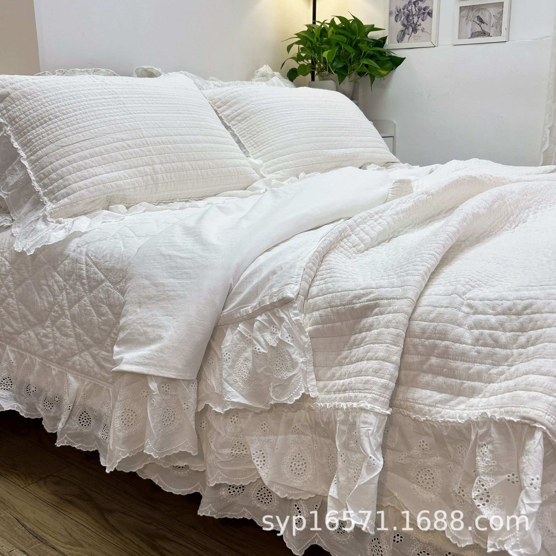 新品!!!全棉染色砂洗巴厘纱皱皱纱四件套蕾丝边
