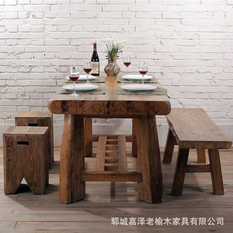 实木餐桌老榆木长方形茶饭桌全实木中式家具饭店民宿圆木桌家用