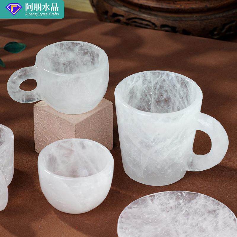 跨境天然水晶原石茶杯咖啡杯白水晶粉水晶打磨爱心能量杯马克杯