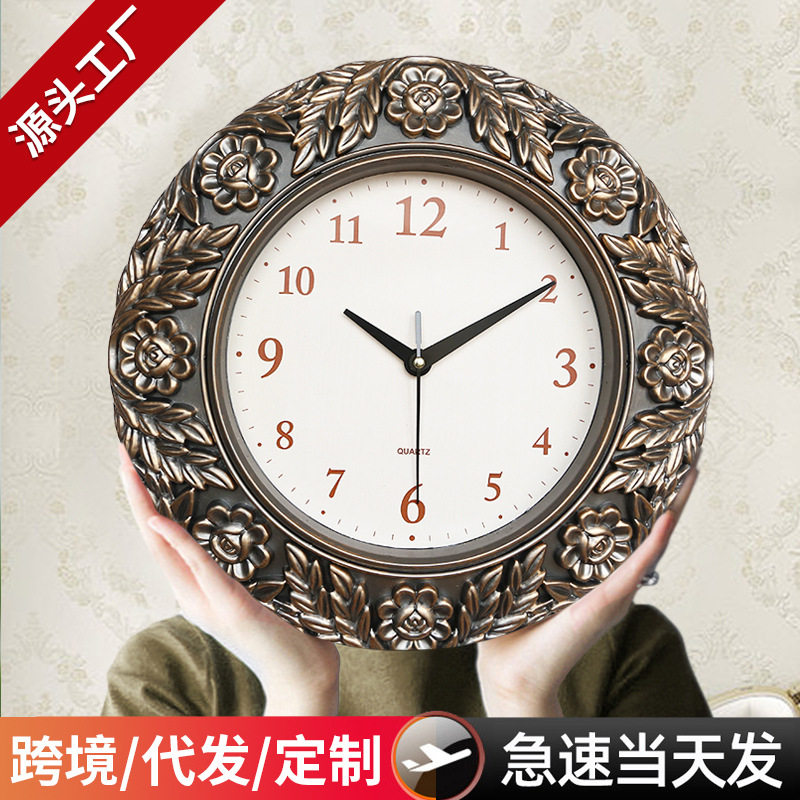 欧式挂钟简约创意钟表客厅个性英伦挂钟雕花花边钟时钟挂墙家用