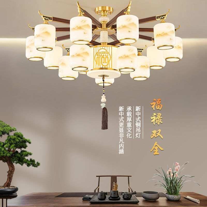 新中式全铜吊灯客厅灯中国风禅意餐厅书房茶室复古实木仿古吊灯具