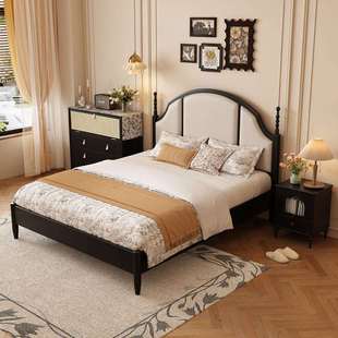 美式复古实木床法式中古风白蜡木床半月床主卧大床黑色1米8双人床