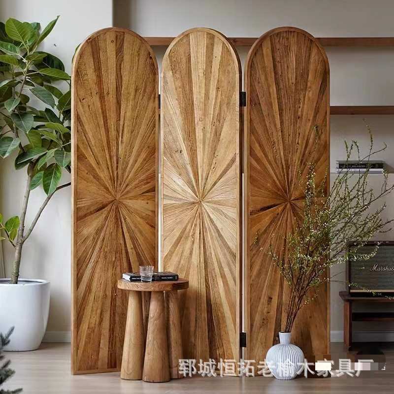 老榆木入户玄关屏风隔断家用客厅卧室遮挡实木可折叠移动屏风