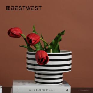 博西家居黑白色条纹几何直筒陶瓷花瓶摆件家居软装装饰品花器