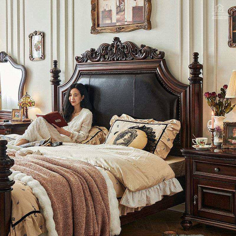 美式复古实木床做旧原木金丝柚木头层油蜡皮真皮主卧床帝罗堡家具