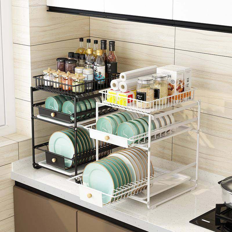 拆装款抽拉式厨房碗碟架家用台面三层抽屉调料碗碟置物架收纳架子