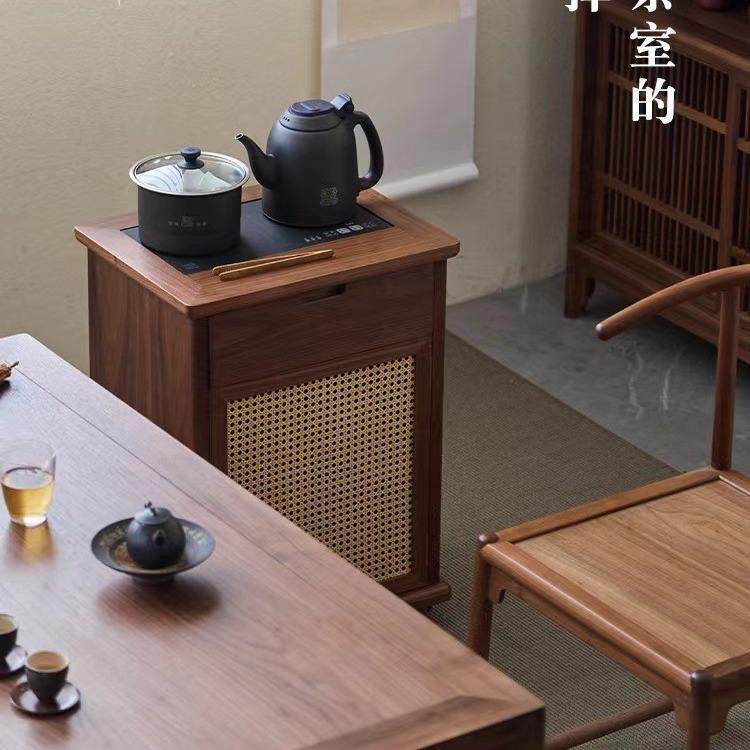 璞木新中式黑胡桃木茶水柜实木移动茶边柜烧水柜一体置物架边几