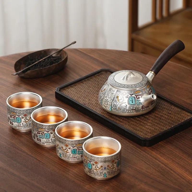 鎏银茶具套装银壶家用送礼办公室饕餮图腾一壶四杯茶杯茶壶一整套
