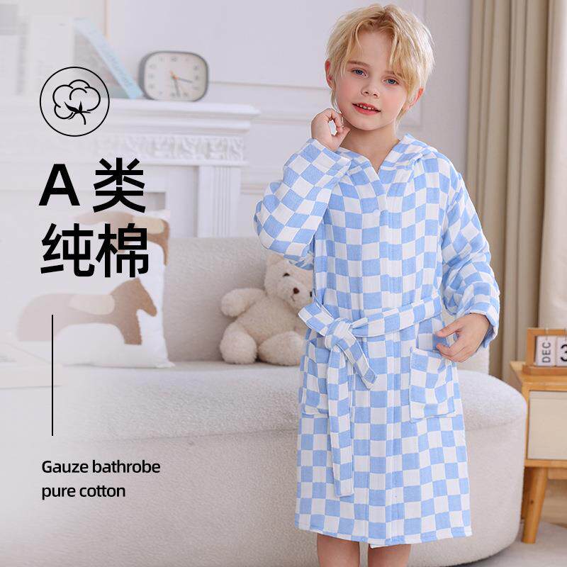 新款复古棋盘格纯棉儿童带帽浴袍加厚长款宝宝居家服睡袍浴衣A类