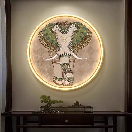 大象玄关装饰画高级感中古风圆形壁画2024年新款入户门正对墙挂画