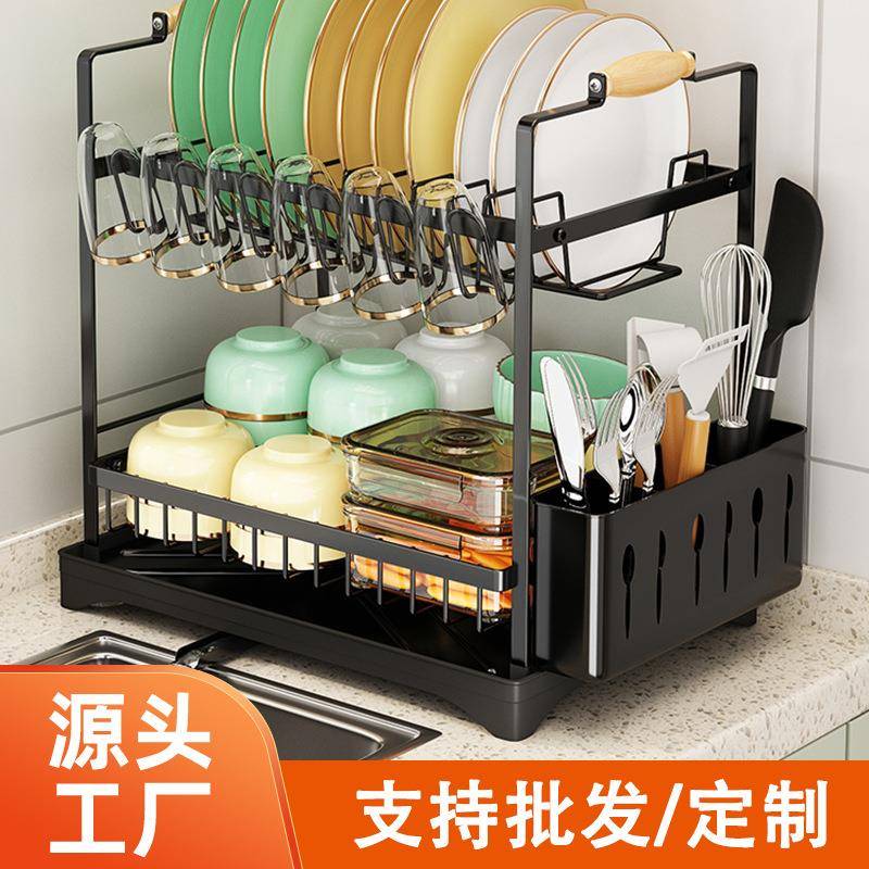木质提手沥水碗架家用碗碟架厨房置物架双层餐具收纳桌面置物架