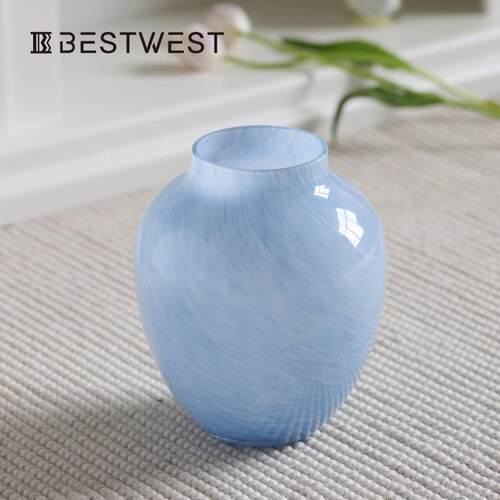 bestwest高级感蓝色几好看玻璃花瓶摆件法式中古客厅桌面插花装饰