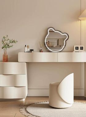 fLE实木奶油风梳妆台化妆桌主卧一体高级网红大圆镜现代简约收纳