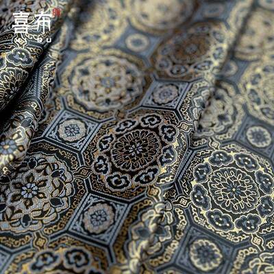 复特唐背黑金富贵花相纹中国面子料CHH古茶垫敦煌装帧锦盒纹布料