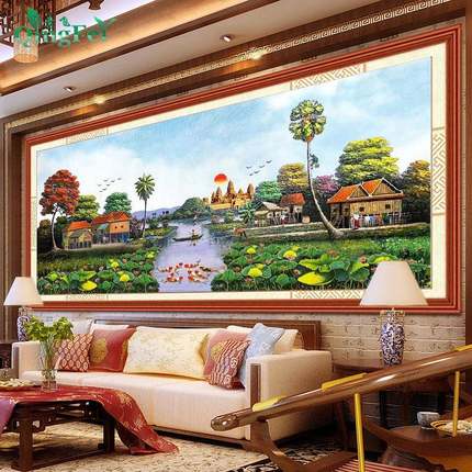 青飞精准印布江南水乡村庄十字绣田园风景十字绣客厅简约挂画E153