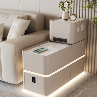 岩板沙发边几多功能带密码锁插排可充电新款实木侧边柜轻奢高级感