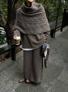 Owish 万物皆可搭 upw全羊毛超暖和防风立体麻花高领斗篷坎肩披肩