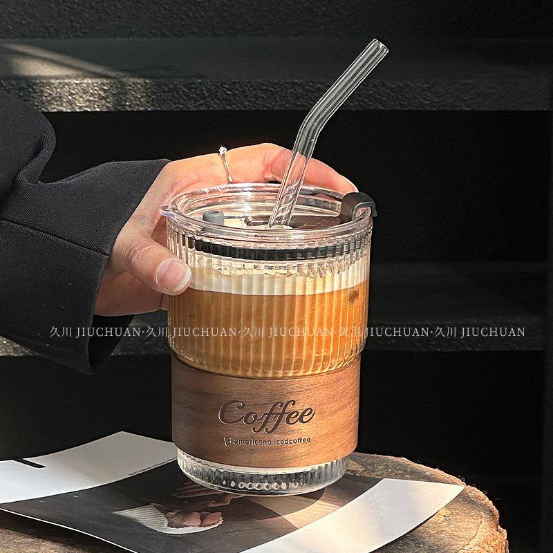 咖啡杯带盖子带吸管水杯玻璃杯定制高颜值冰美式拿铁牛奶饮料杯子