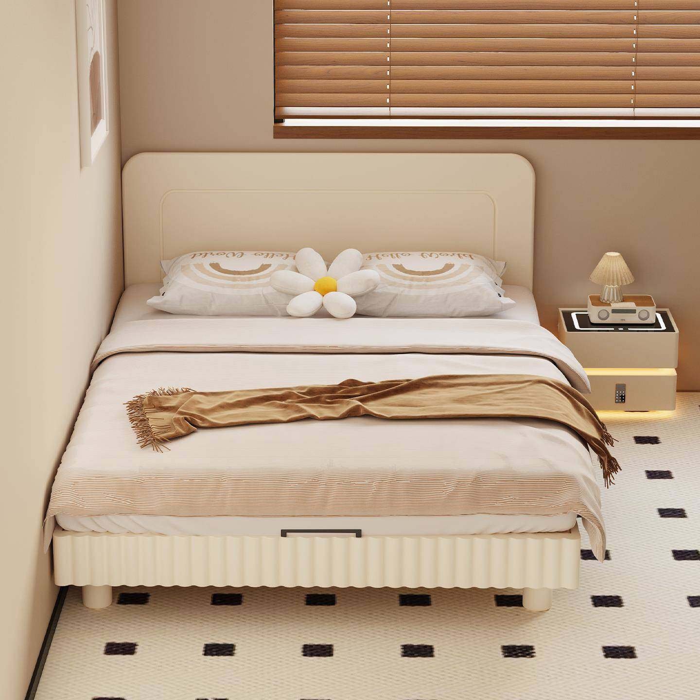 奶油风超薄靠背全实木床次卧1.5米极窄床头单人床1米2齐边床新款