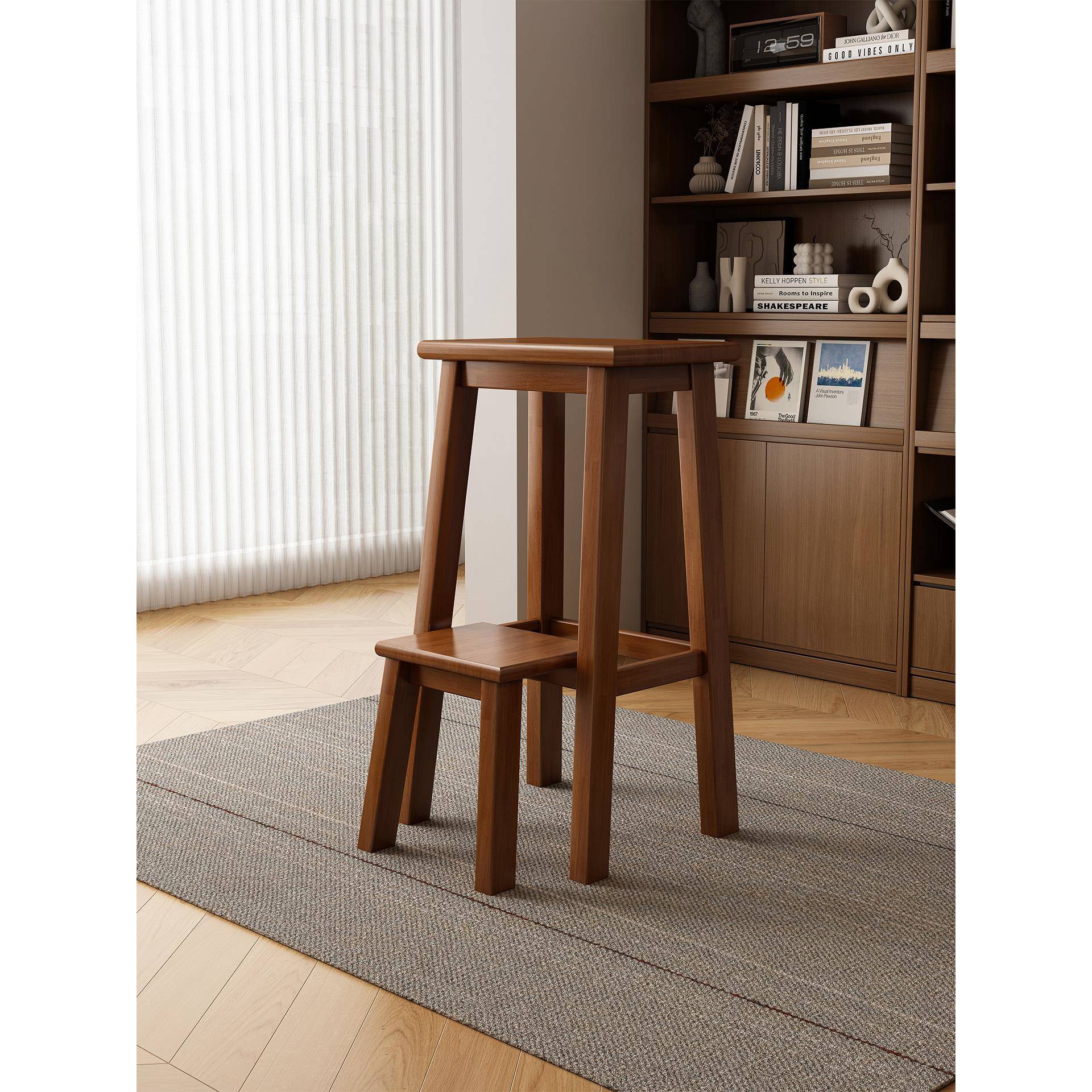 覆古实木梯凳爬梯凳双层可折叠梯高板凳子换鞋梯凳多功能一体