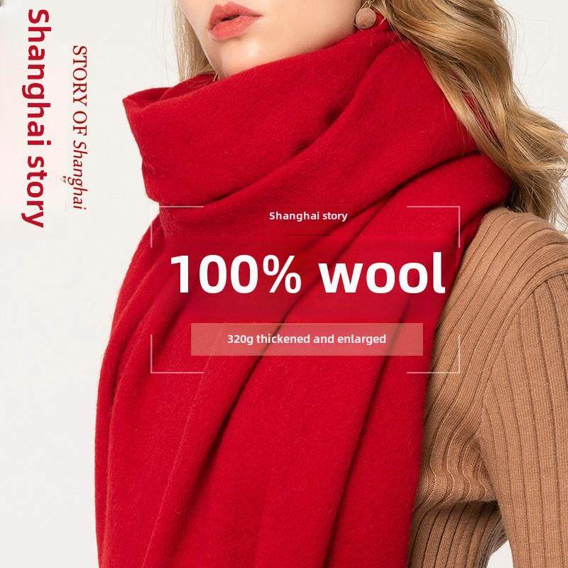 羊毛丝绒故事女围巾，加厚披肩，红色生肖年，上海防寒防暑围巾，
