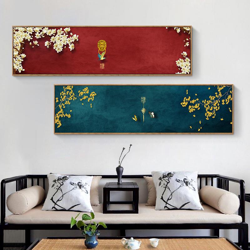 新中式现代简约中国红横幅挂画墨绿树枝屋檐床头版画客厅装饰画