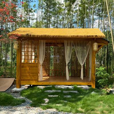 亭子户外凉亭庭院农村小院网红四角茶室民宿房防腐木茅草造景木屋