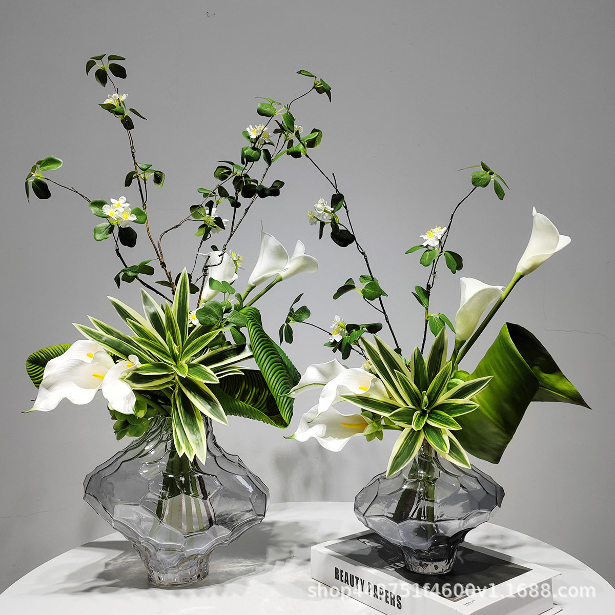 现代轻奢仿真花艺马蹄莲插花玻璃装饰绿植整体客厅酒店工艺品摆件