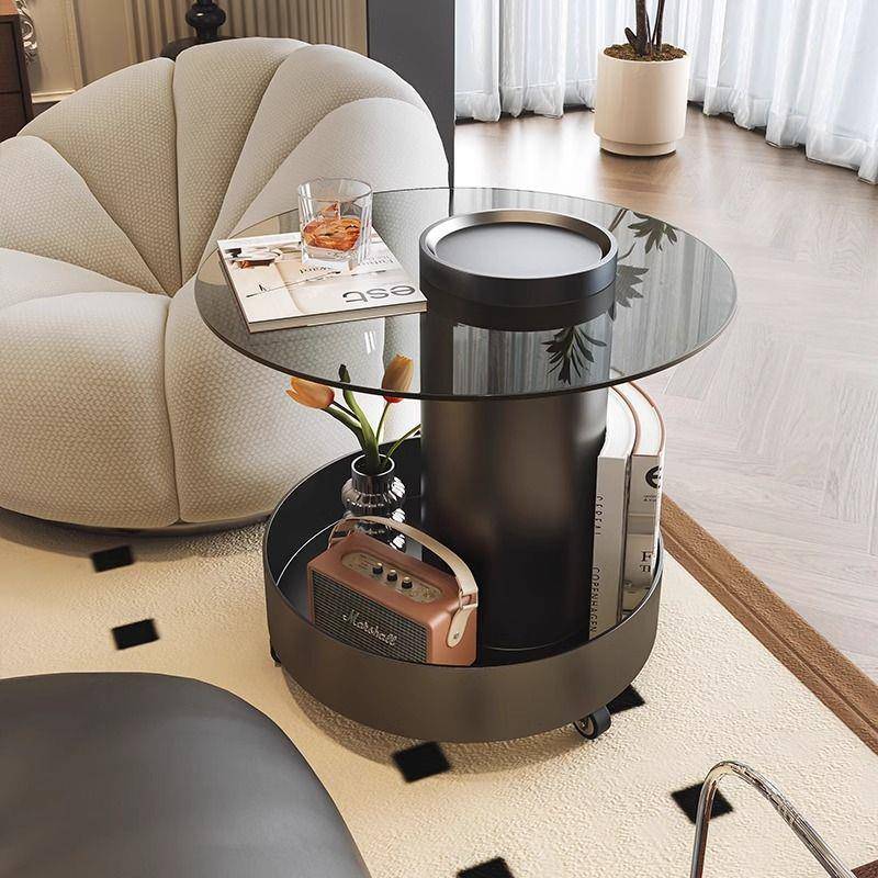 可移动圆形玻璃沙发边几角几轻奢茶几阳台小桌子小推车卧室床头柜