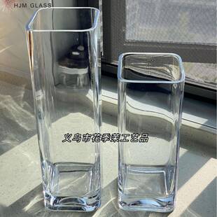 HJM-现代简约加厚四方形玻璃花瓶透明客厅插花富贵竹百合水养摆件