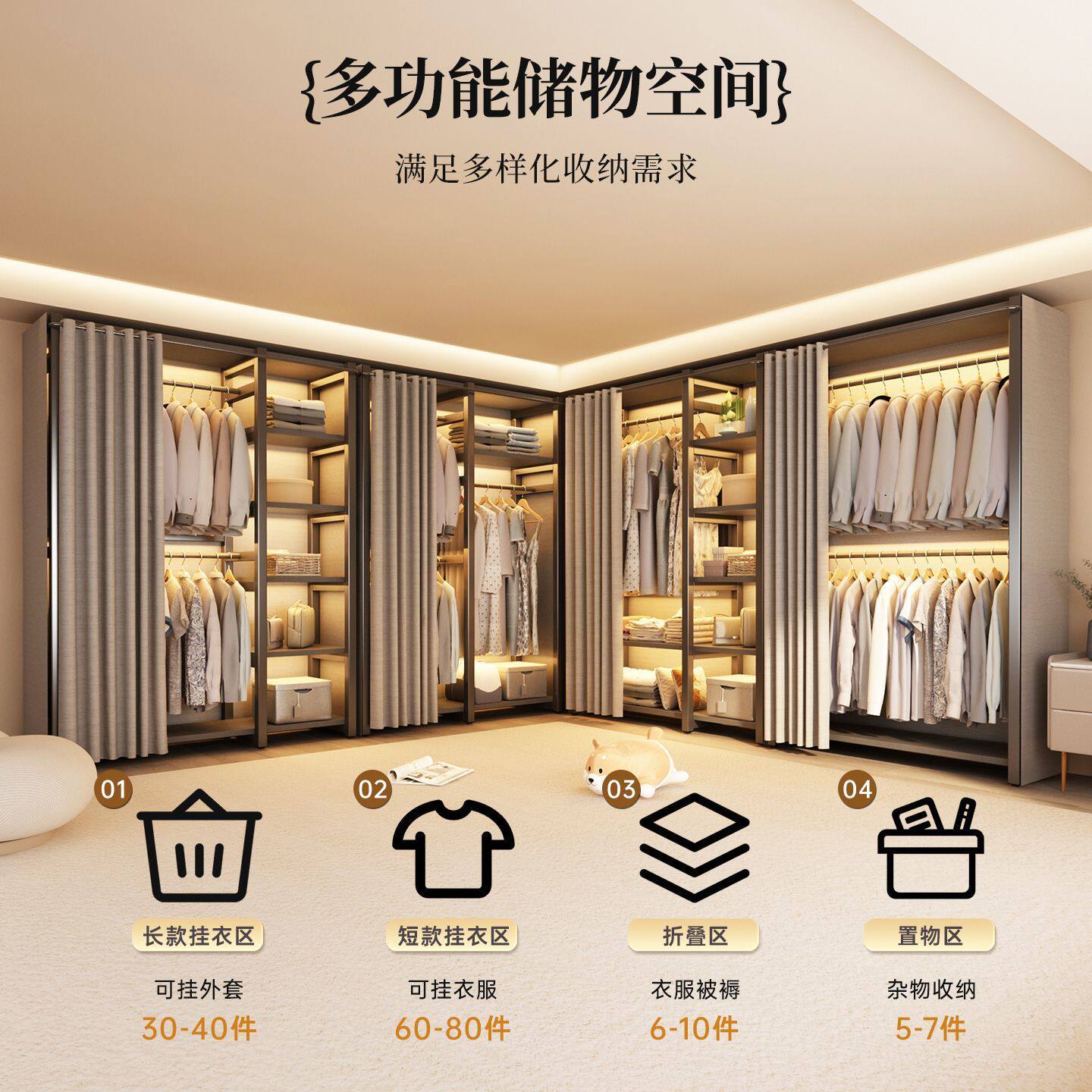 加厚钢管全钢架金属全封闭卧室简易自由组合落地铁艺衣柜家用卧室