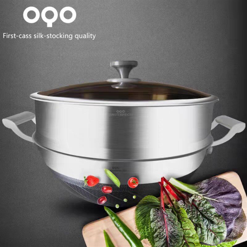 OQO欧克欧316不锈钢34cm蒸锅炒锅一体成型网纹锅燃气电磁炉通用