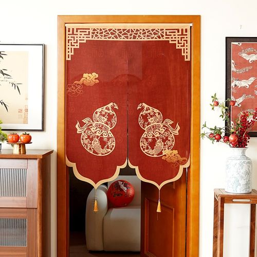 中式红色门帘新年喜庆组合帘卧室家用免打孔半帘隔断帘布艺遮挡帘