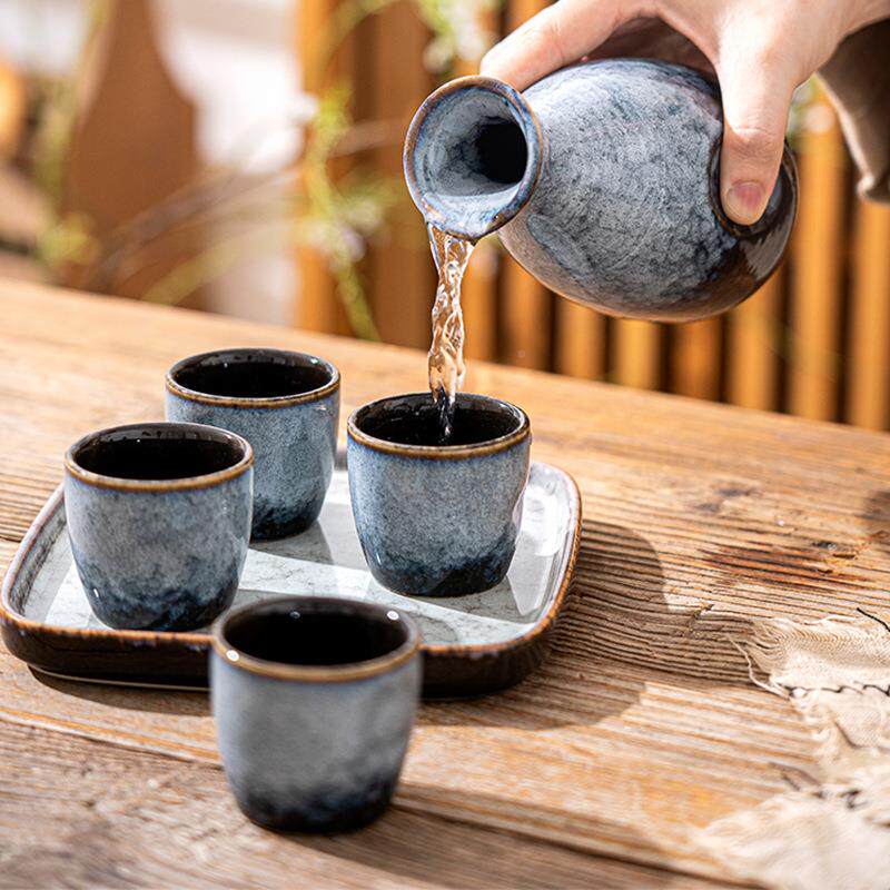一壶四杯日式复古窑变琉器24款方盘璃暖酒带托白酒杯分器酒盘套装