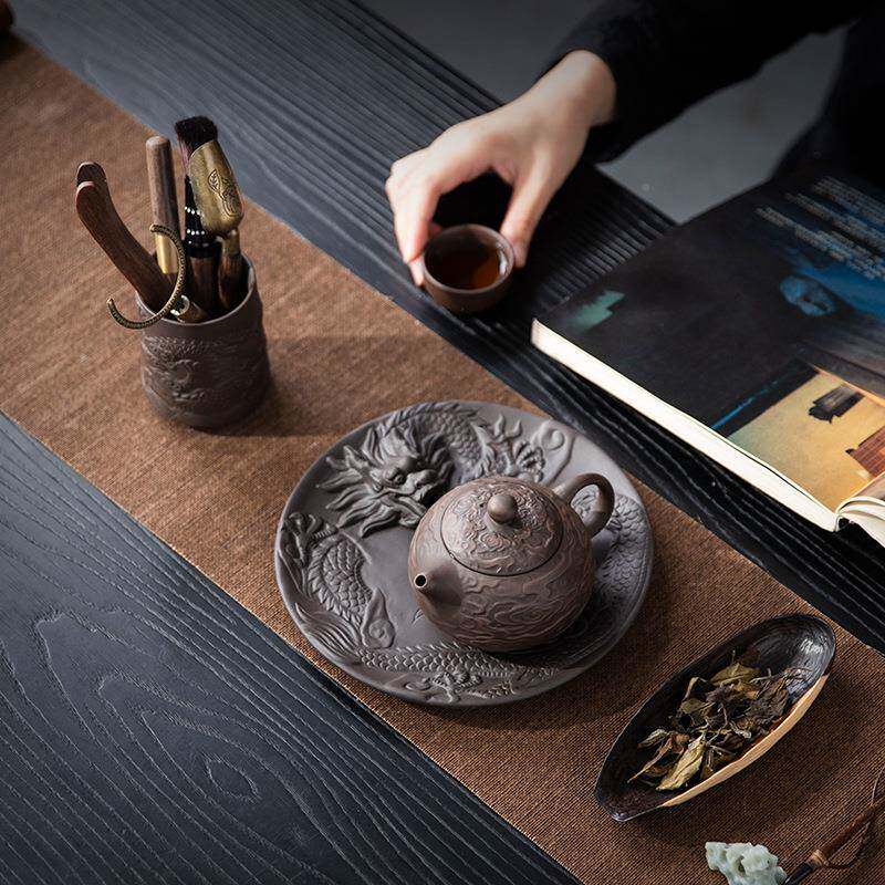 国潮文创茶托盘茶工ZYA点盘半手雕龙承形壶干泡盘浮杯托茶道紫砂