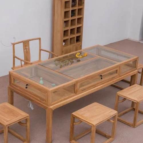 榆木展示柜新中式珠宝柜台首饰文玩玻璃展台桌玉器货柜商场中岛柜
