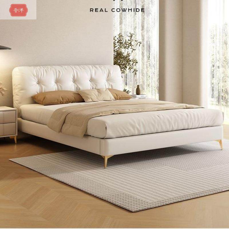 网红奶油风现代简约真皮床双人1.8x2米主卧大床1.5米婚床皮艺床