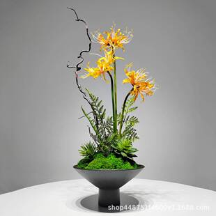 新中式仿真花龙柳枝日式花艺永生苔藓盆景绿植茶几酒店办公室摆件