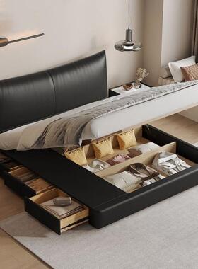 fLE意式极简皮床现代简约黑色复古双人床高箱储物主卧大床