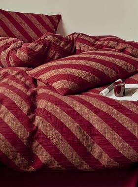 复古风纯棉高端红色结婚四件套婚庆喜被套提花全棉婚嫁现代风床品